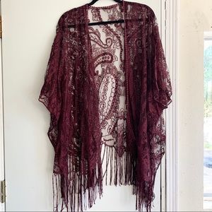 Burgundy Sheer Lace Kimono with Fringe